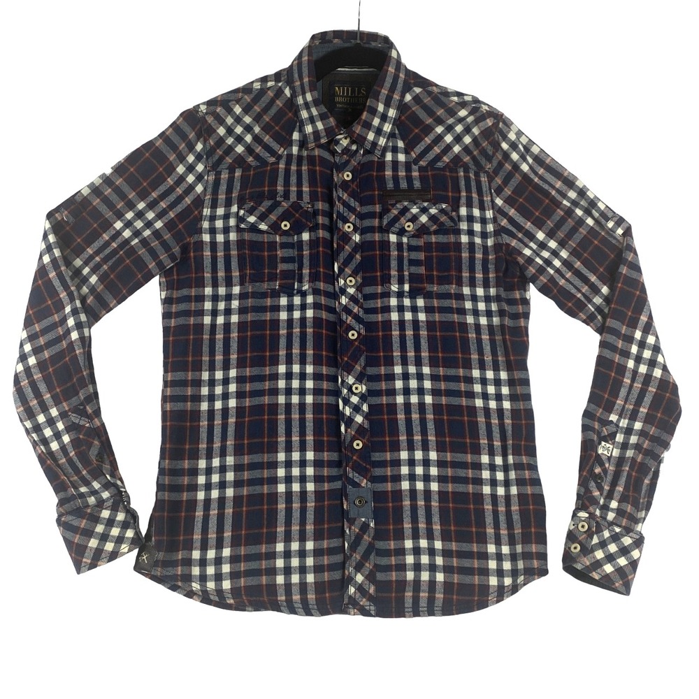 Mills Brothers Twill Check Shirt Plaid Button Down Collar Men Large